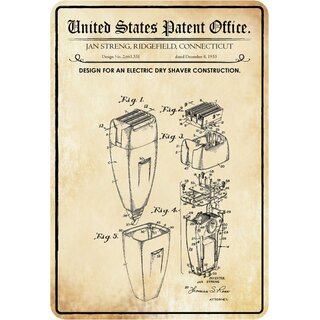 Schild Motiv "Rasiergerät, Design for electric dry shaver construction, Streng 1953" 20 x 30 cm