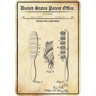 Schild Motiv "Bürste, Design hair brush, G. P. Dike 1934" 20 x 30 cm