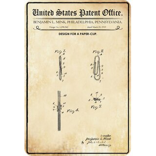 Schild Motiv "Büroklammer, Design paper-clip, Mink 1919" 20 x 30 cm