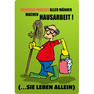 Schild Spruch "Dreissig Prozent Männer Hausarbeit, allein" 20 x 30 cm 