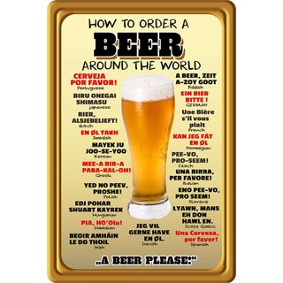 Schild Spruch "How to order a beer around the world" 20 x 30 cm 