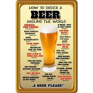 Schild Spruch "How to order a beer around the world" 20 x 30 cm