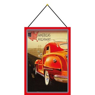 Schild Motiv "American Highway" Oldtimer 20 x 30 cm Blechschild mit Kordel