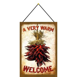 Schild Spruch "A very warm welcome" Chilli 20 x 30 cm Blechschild mit Kordel