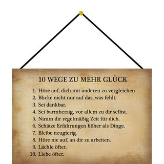 Schild Spruch "10 Wege zu mehr Glück, sei dankbar" 20 x 30 cm Blechschild mit Kordel