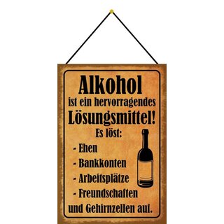 Schild Spruch "Alkohol Lösungsmittel, löst Ehen Freundschaften" 20 x 30 cm Blechschild mit Kordel