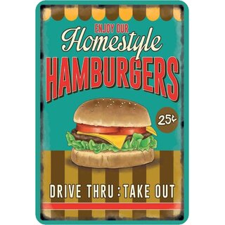 Schild Spruch "Enjoy our Homestyle Hamburgers, Drive thru" 20 x 30 cm 