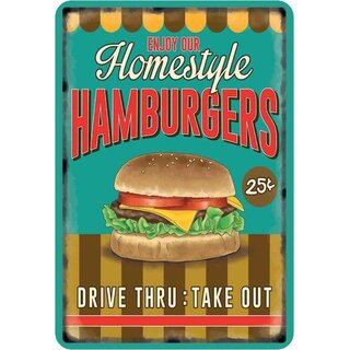Schild Spruch "Enjoy our Homestyle Hamburgers, Drive thru" 20 x 30 cm