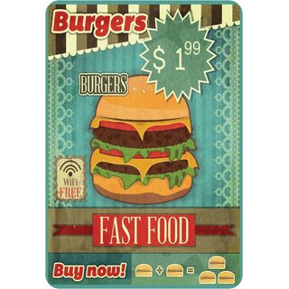 Schild Spruch "Burgers Fast Food, buy now" 20 x 30 cm