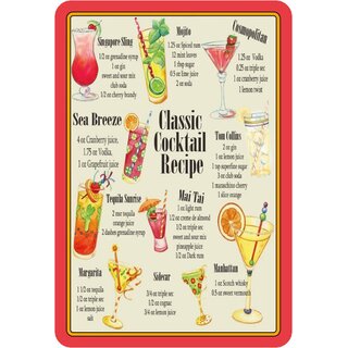 Schild Motiv "Classic Cocktail Recipe, Mojito, Mai Tai" Rezepte 20 x 30 cm 