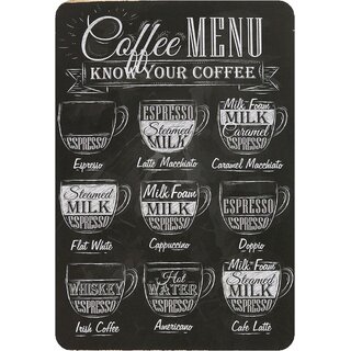 Schild Spruch "Coffee Menu, know your coffee" 20 x 30 cm schwarz