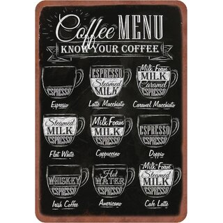 Schild Spruch "Coffee Menu, know your coffee" 20 x 30 cm