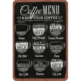 Schild Spruch "Coffee Menu, know your coffee" 20 x 30 cm 