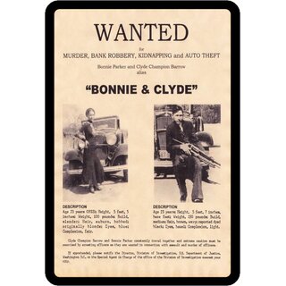 Schild Spruch "Wanted Bonnie und Clyde" 20 x 30 cm 