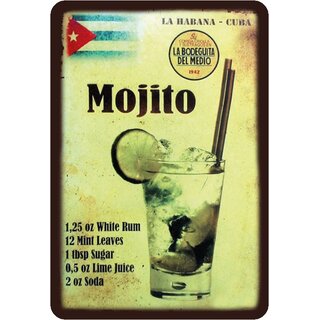 Schild Cocktailrezept "Mojito, White rum, Leaves, Sugar, Lime Juice" 20 x 30 cm 