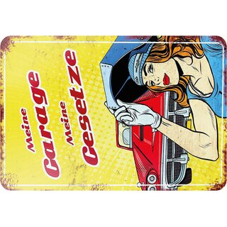 Schild Spruch "Meine Garage, meine Gesetze" Frau Oldtimer 20 x 30 cm 