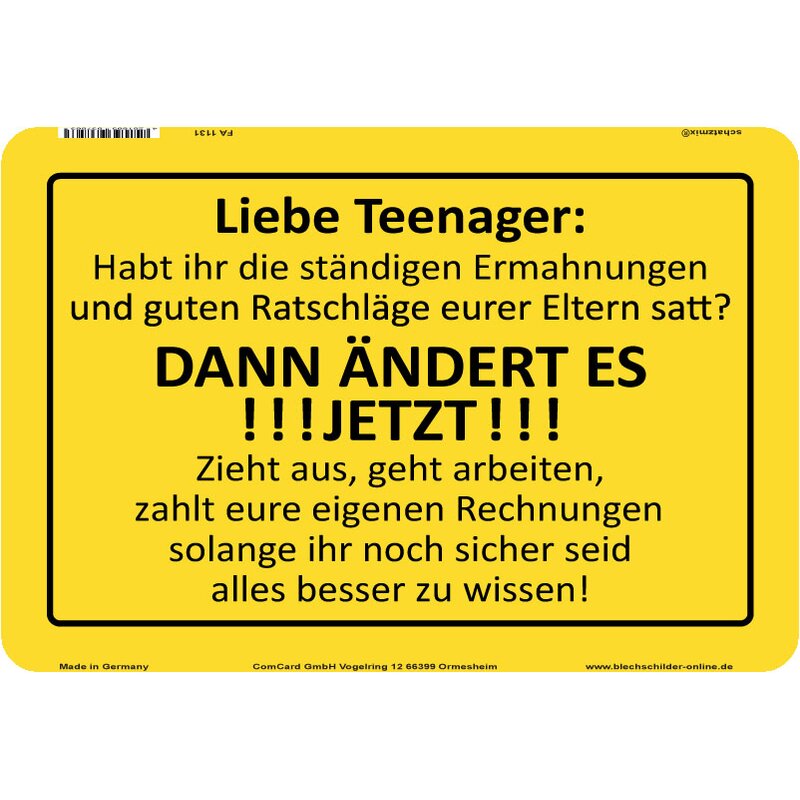 Schild Spruch "Teenager, ändert es jetzt, zieht aus" 20 x 30 cm, 9,49