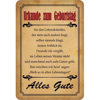 Schild Spruch "Urkunde zum Geburtstag, Alles Gute" 20 x 30 cm 