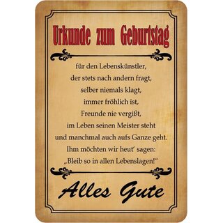 Schild Spruch "Urkunde zum Geburtstag, Alles Gute" 20 x 30 cm