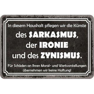 Schild Spruch "Haushalt Sarkasmus, Ironie, Zynismus" 20 x 30 cm 