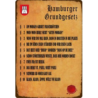 Schild Spruch "Hamburger Grundgesetz, am Morgen gibbet Franzbrötchen" 20 x 30 cm