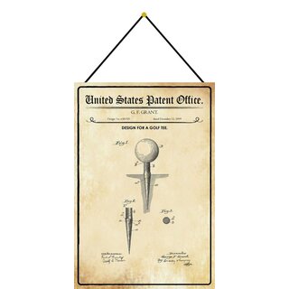 Schild Motiv "Design Golf Tee, Golfball Halterung, Grant Patent" 20 x 30 cm Blechschild mit Kordel