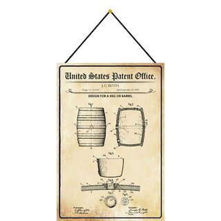 Schild Motiv "Design for a keg or barrel, Fass Patent" 20 x 30 cm Blechschild mit Kordel