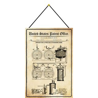 Schild Motiv "Design for a process of making beer, Bier Brau Mechanismus" 20 x 30 cm Blechschild mit Kordel