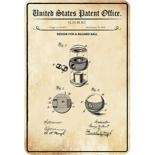 Schild Motiv "Billiard Ball, Design Burt 1894" 20 x 30 cm