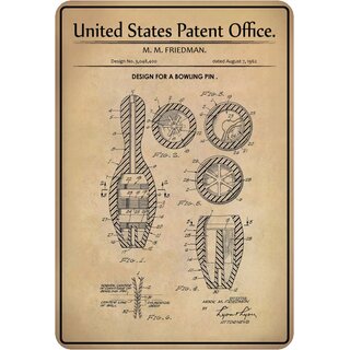 Schild Motiv "Bowling, Design bowling pin, Friedman 1962" 20 x 30 cm 