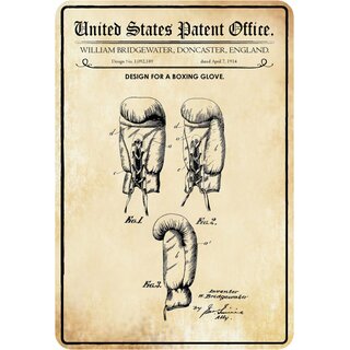 Schild Motiv "Design Boxing Glove, Boxhandschuh, Patent 1914" 20 x 30 cm 