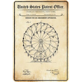 Schild Motiv "Design Amusement Apparatus, Riesenrad, New York Patent" 20 x 30 cm