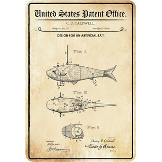 Schild Motiv "Design Artificial Bait, Köder Fisch, Patent Caldwell" 20 x 30 cm