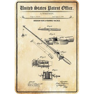 Schild Motiv "Design Fishing Tackle, Angel, Patent Wakeman" 20 x 30 cm