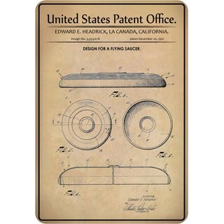 Schild Motiv "Design Flying Saucer, Ufo, California Patent" 20 x 30 cm
