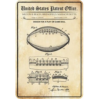Schild Motiv "Design Play or Game Ball, Football, Massachusetts Patent" 20 x 30 cm 