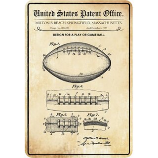 Schild Motiv "Design Play or Game Ball, Football, Massachusetts Patent" 20 x 30 cm
