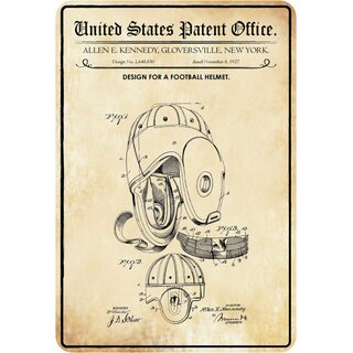 Schild Motiv "Design Football Helmet, Helm, New York Patent" 20 x 30 cm