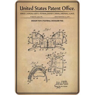 Schild Motiv "Design Football Shoulders Pad, Schulter Schoner Patent" 20 x 30 cm 