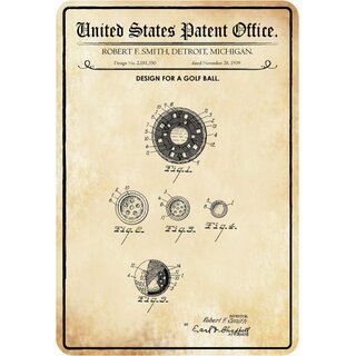 Schild Motiv "Design for a Golfball, Michigan Patent" 20 x 30 cm