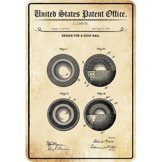 Schild Motiv "Design for a Golfball, Davis Patent" 20 x 30 cm 