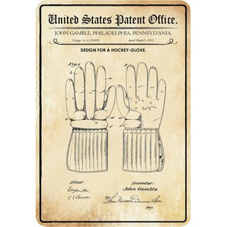 Schild Motiv "Design Hockey Glove, Handschuhe, Pennsylvania Patent" 20 x 30 cm