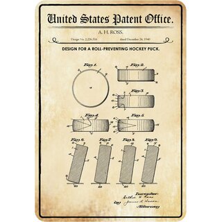 Schild Motiv "Design Roll-Preventing Hockey Puck, Patent" 20 x 30 cm