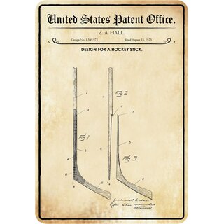 Schild Motiv "Design for a Hockey Stick, Hockey-Schläger, Patent" 20 x 30 cm 