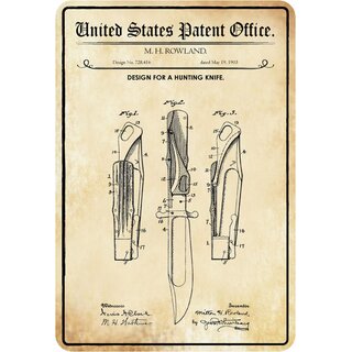 Schild Motiv "Design Hunting Knife, Jagdmesser, Patent" 20 x 30 cm 