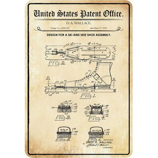 Schild Motiv "Design for a Ski Shoe Assemble, Ski Schuhe und Ski Patent" 20 x 30 cm