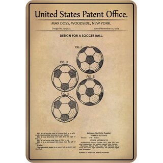 Schild Motiv "Design for a soccer Ball, Fußball New York Patent" 20 x 30 cm 