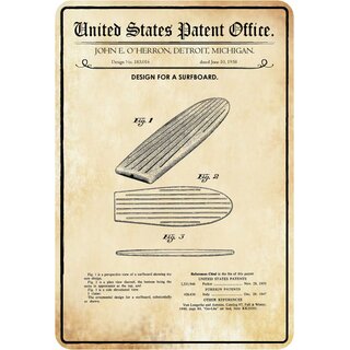 Schild Motiv "Design for a Surfboard, Michigan Patent" 20 x 30 cm 