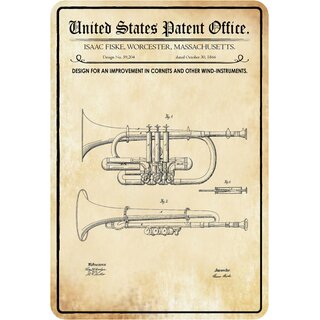 Schild Motiv "Design improvement in cornets wind-instrument, Blasinstrument" 20 x 30 cm 