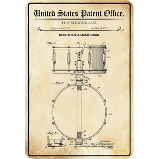 Schild Motiv "Design for a snare drum, Trommeln Patent" 20 x 30 cm 